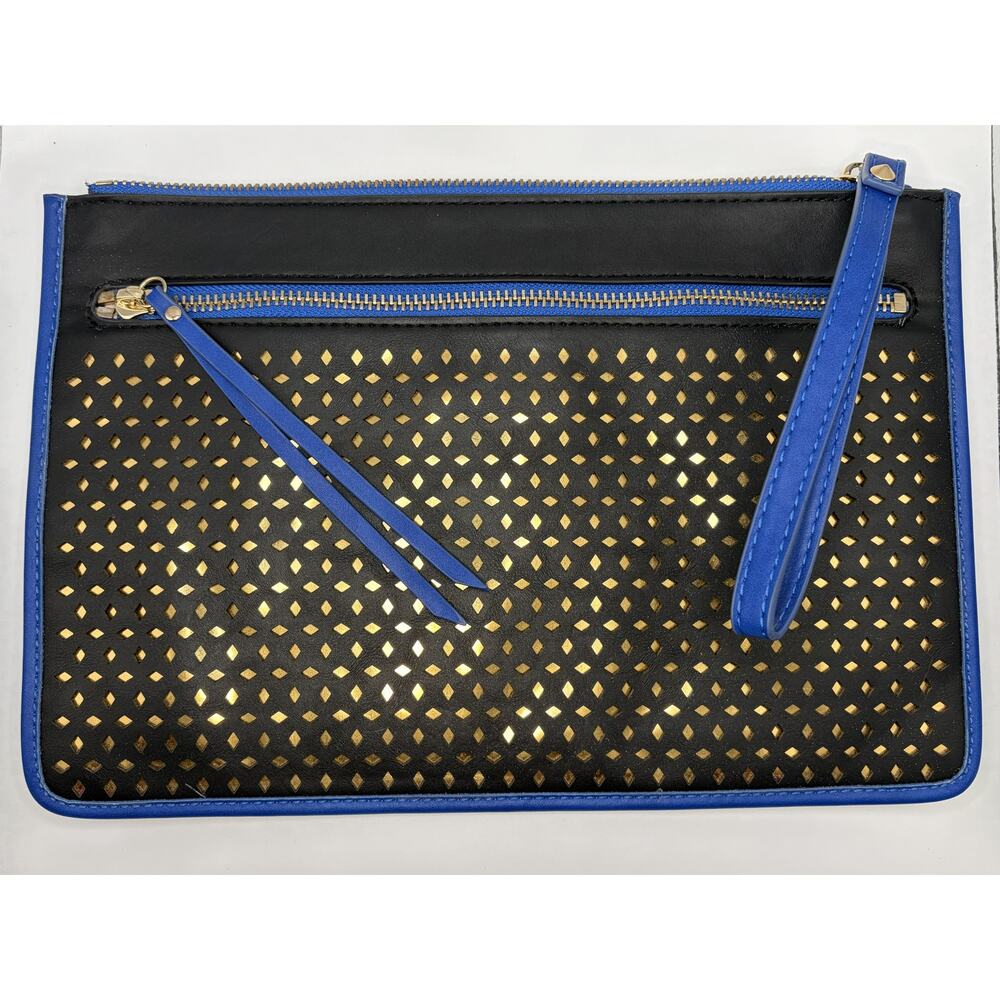 Urban Expressions Black Blue Laser Cut Clutch Gold Underlay Wristlet